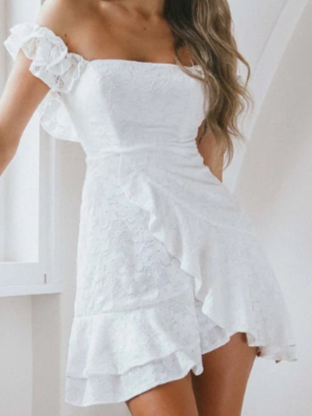 Off-Shoulder White Lace Ruffle Mini Short Dress